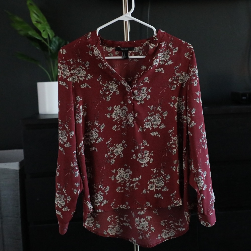 Red Floral Blouse 1/4 button